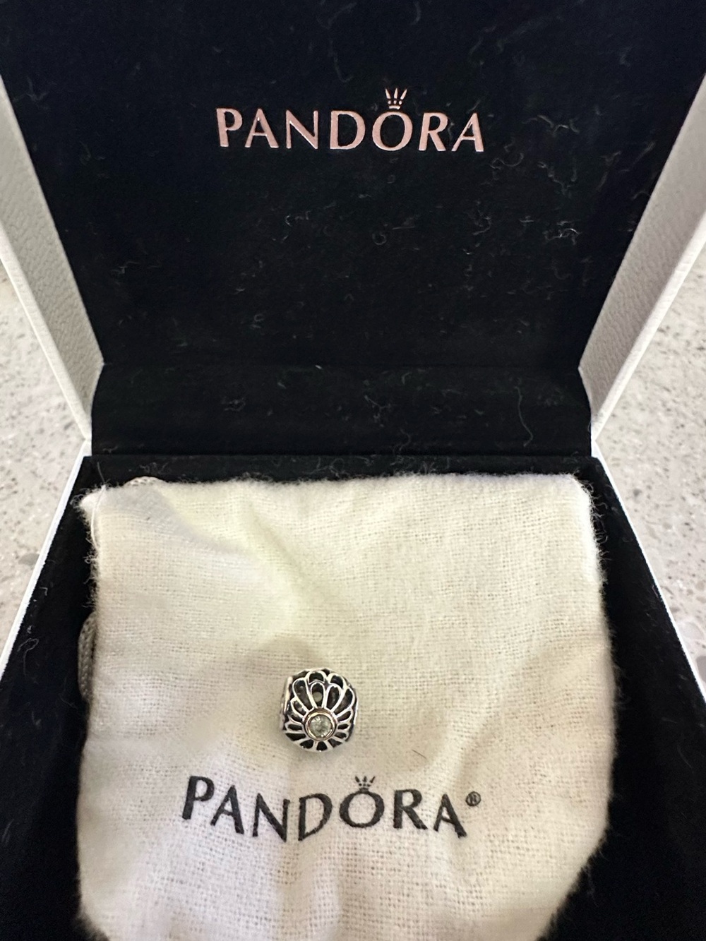 Pandora Silver Openwork Floral Charm with Green  Center